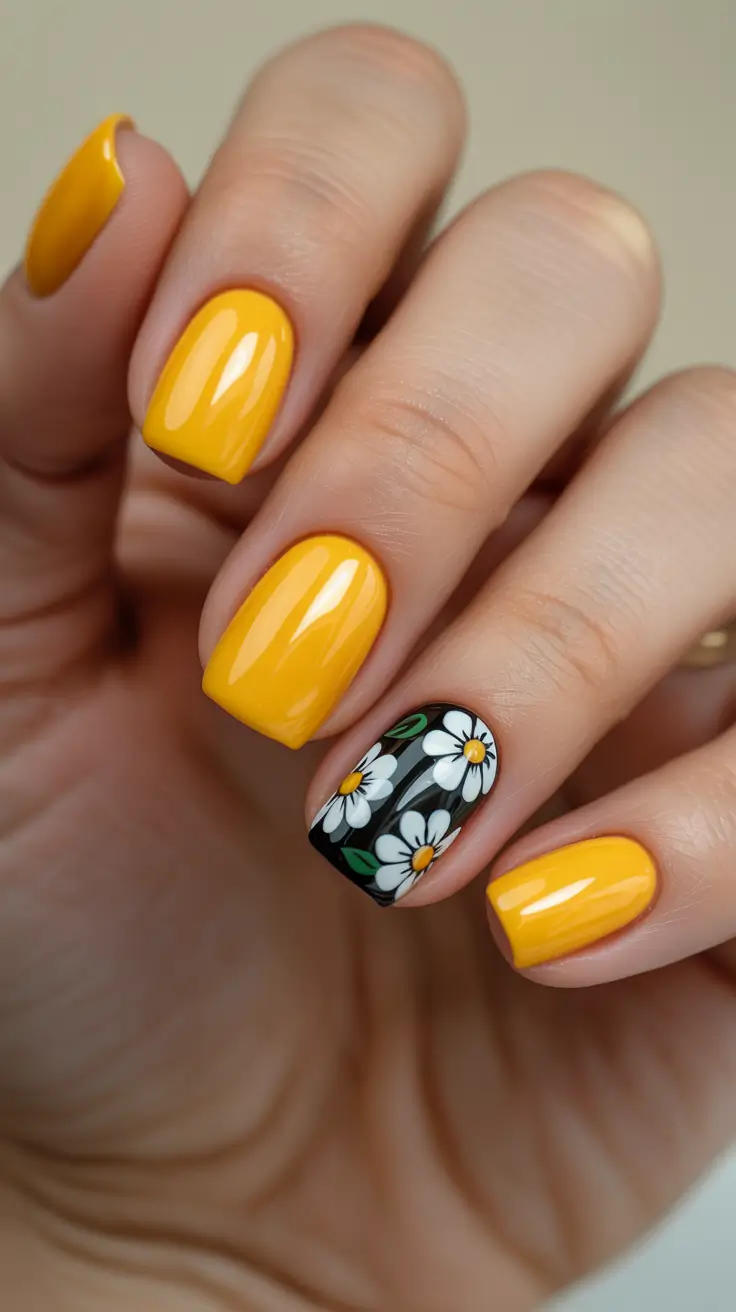 stylish spring nails square 2026 Sunflower Yellow with Black Floral Accent - Bold Contrast Square