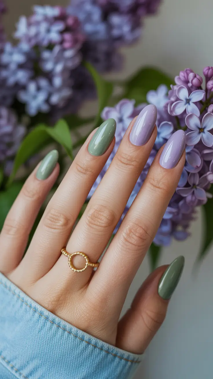 stylish spring nails square 2026 Almond-Square Hybrid in Sage and Lilac - Botanical Calm