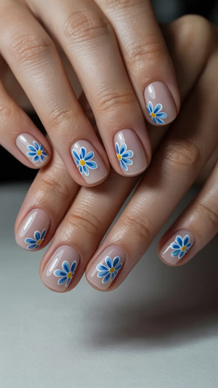 stylish spring nails square 2026 Blue Daisy Micro Art on Soft Square - Fresh Sky Energy
