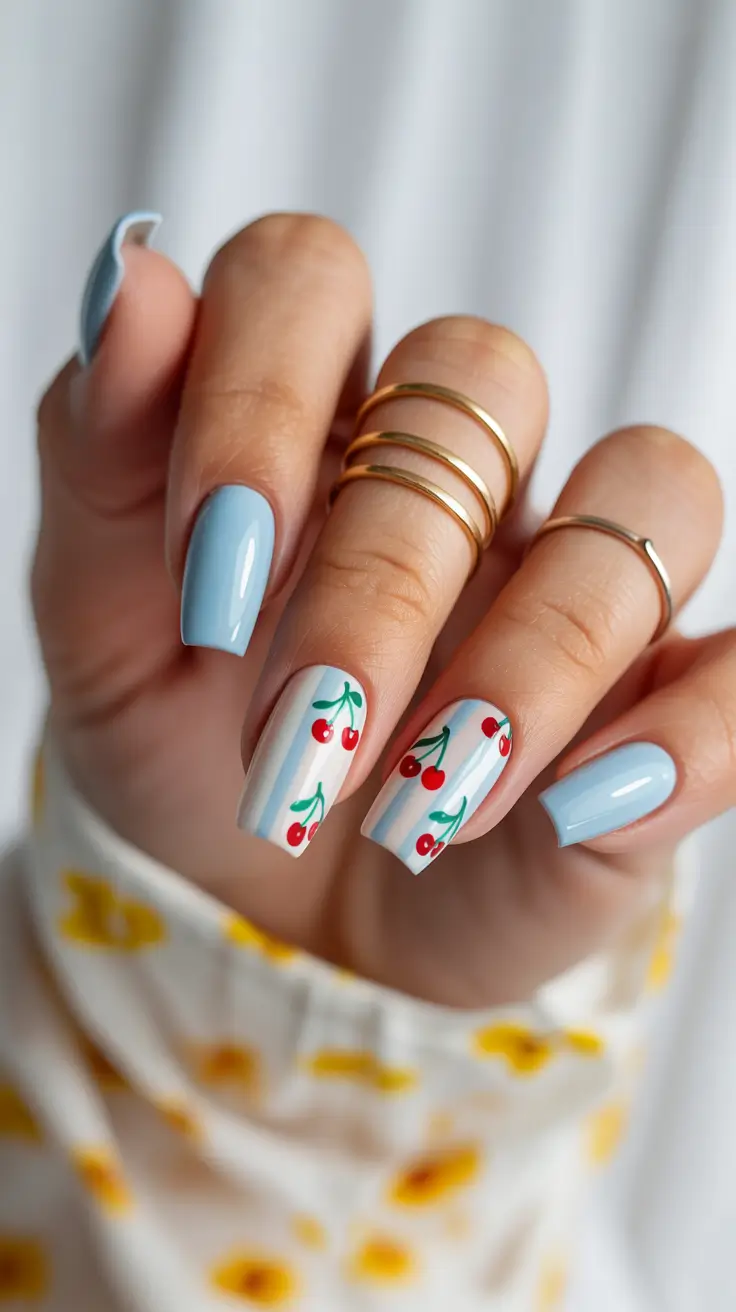 stylish spring nails square 2026 Baby Blue and Cherry Art - Retro Pop Square