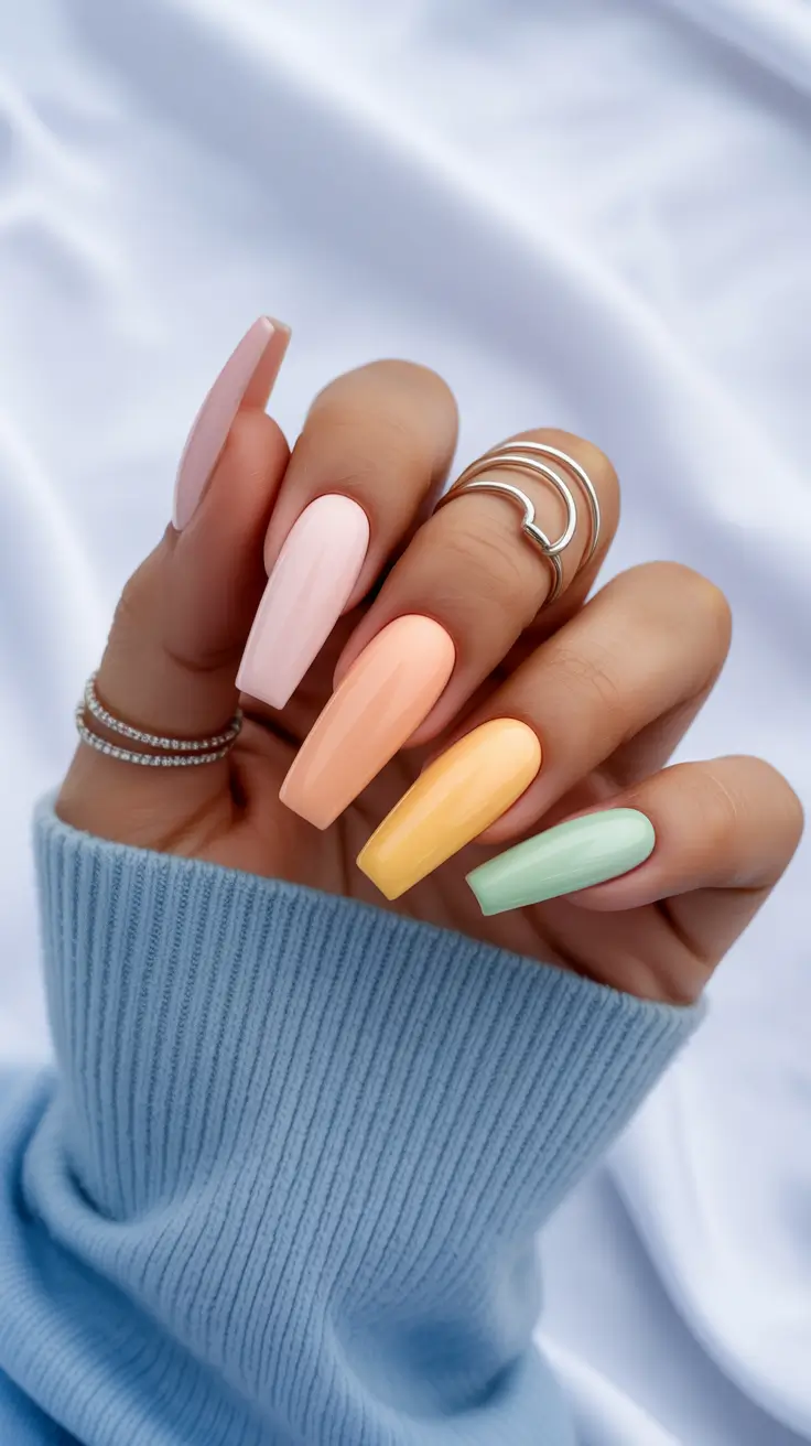 stylish spring nails square 2026 Pastel Rainbow Long Square - Soft Sorbet Palette
