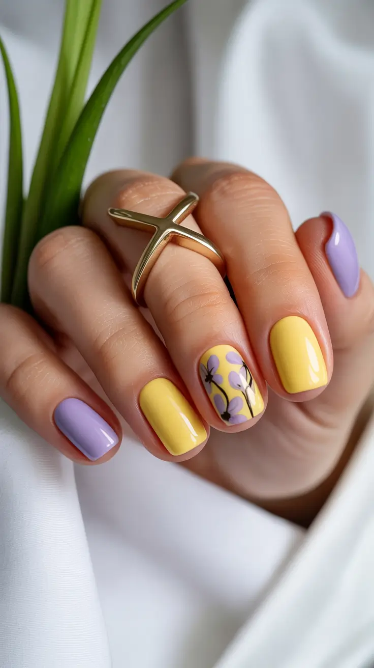 stylish spring nails square 2026 Yellow and Lilac Contrast - Modern Floral Accent