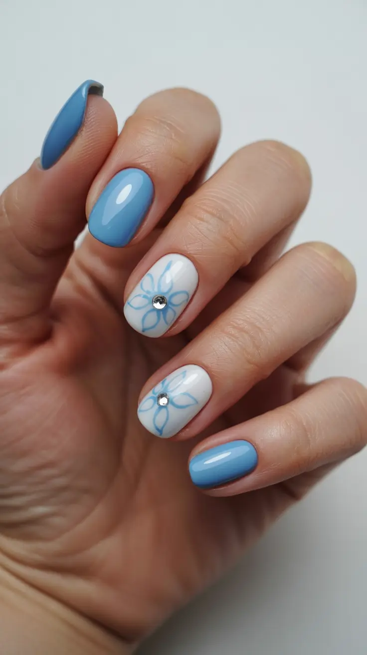 stylish spring oval nails 2026 Powder Blue Florals on a Soft Oval
