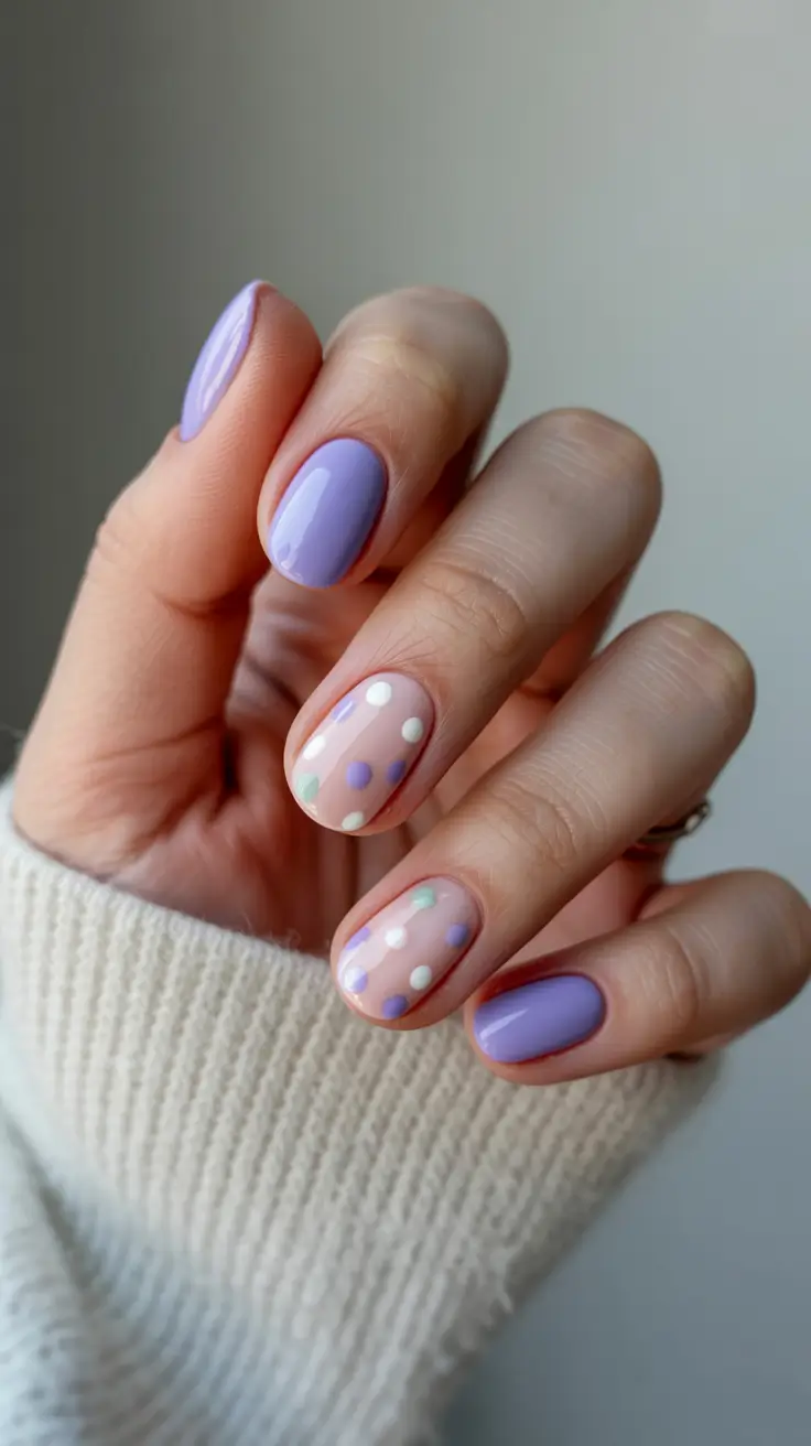stylish spring oval nails 2026 Lavender Sheer Oval with Playful Polka Dots