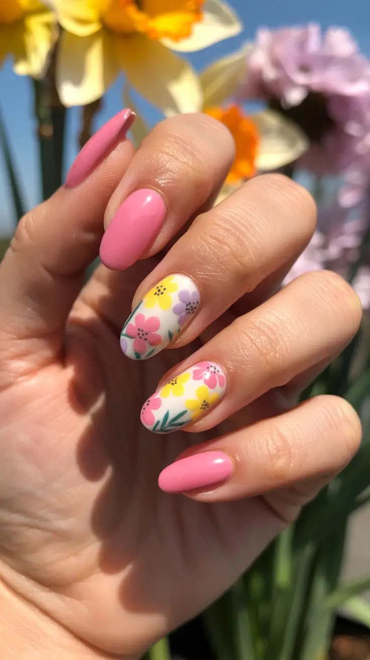 stylish spring oval nails 2026 Pink Garden Floral Oval
