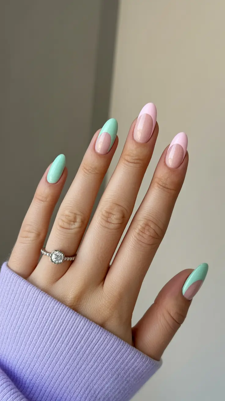 stylish spring oval nails 2026 Mint and Blush Color-Block Oval