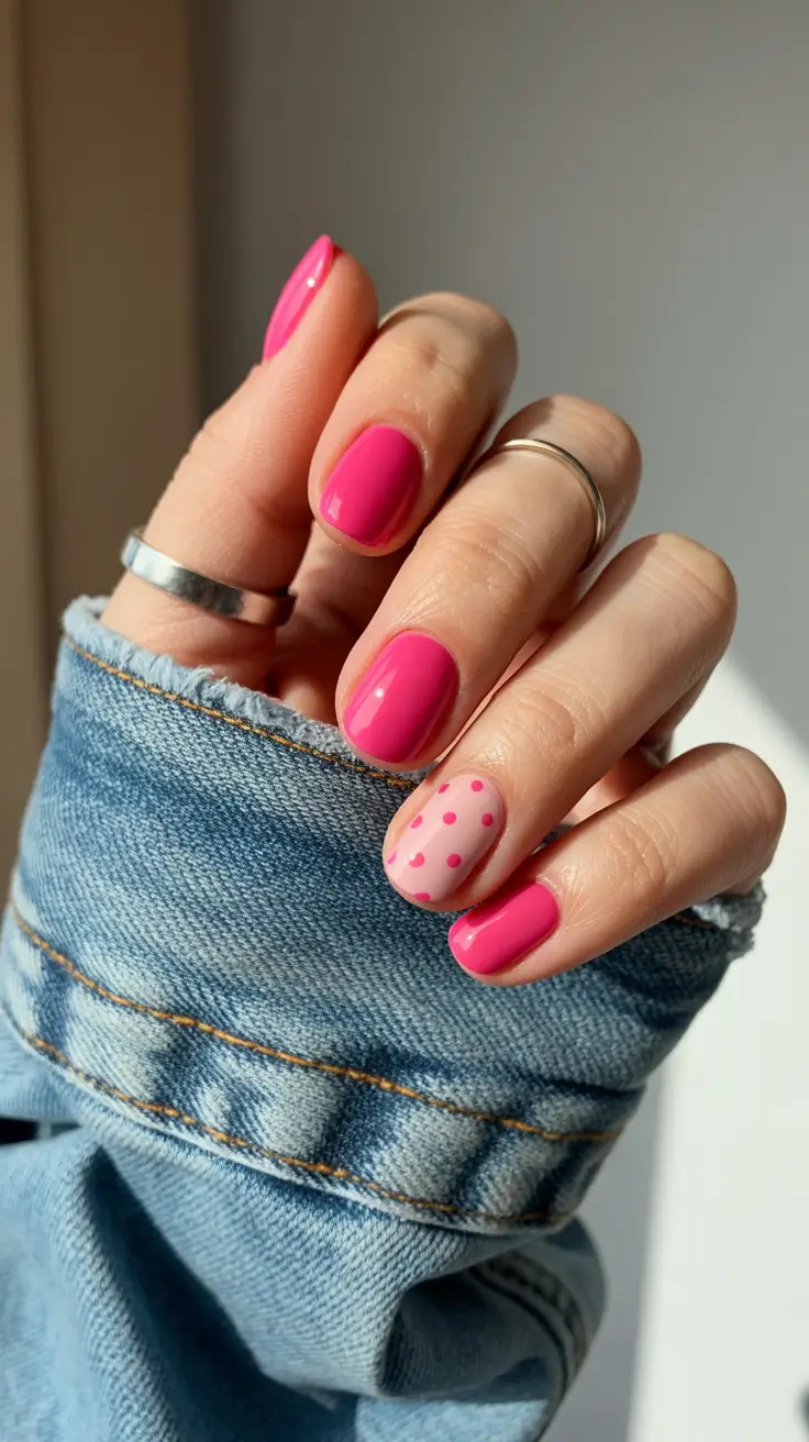 stylish spring oval nails 2026 Hot Pink Gloss with Minimal Polka Accent
