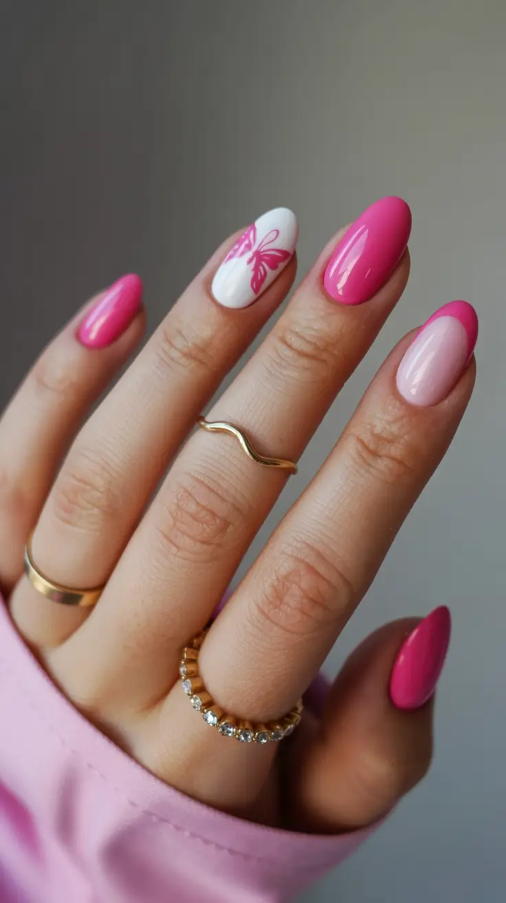 stylish spring oval nails 2026 Pink French Butterfly Accent Oval