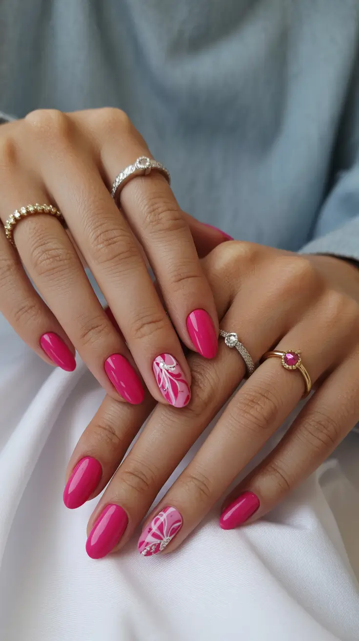 stylish spring oval nails 2026 Hot Pink Statement Oval with Graphic Accent