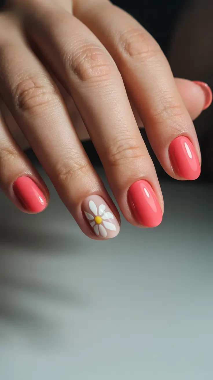 stylish spring oval nails 2026 Coral Gloss with Daisy Accent Oval