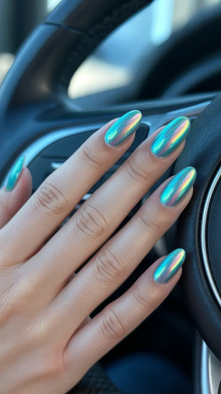 stylish spring oval nails 2026 Iridescent Chrome Almond Glow