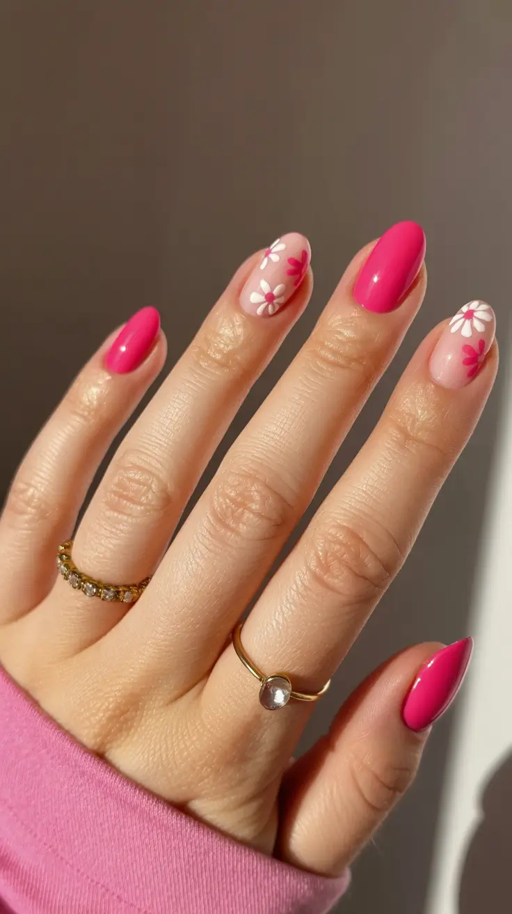 stylish spring oval nails 2026 Bubblegum Pink Florals with Sheer Base