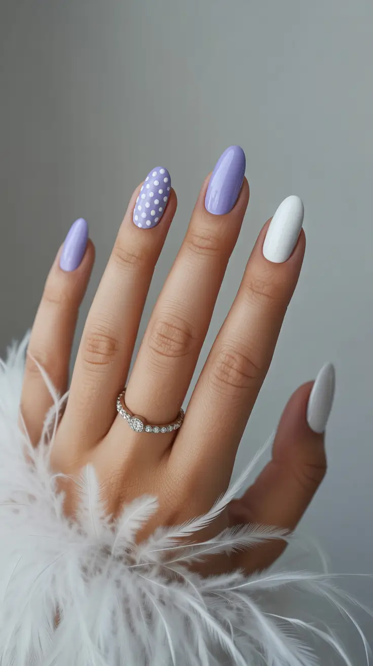 stylish spring oval nails 2026 Lavender and White Polka Dot Oval Play