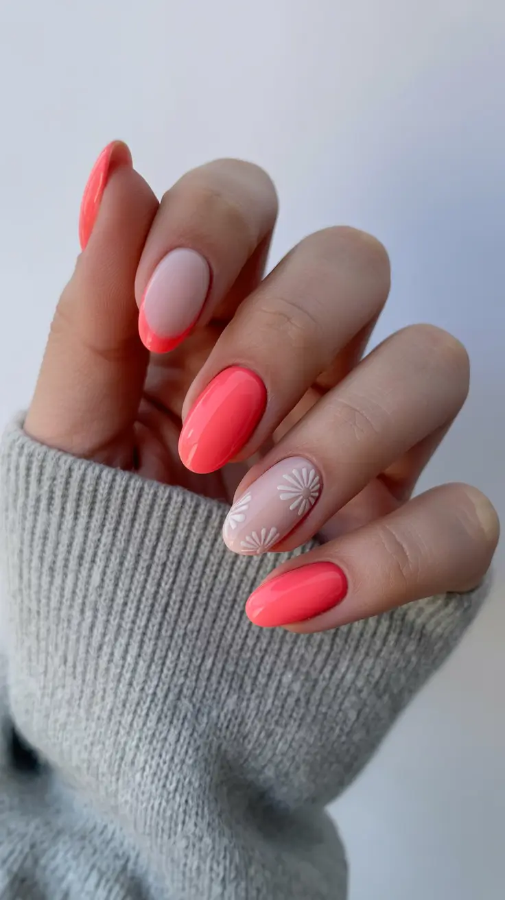 stylish spring oval nails 2026 Coral Pop with Floral Accent Oval