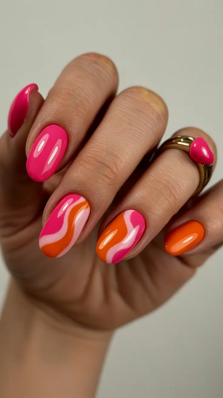stylish spring oval nails 2026 Hot Pink and Tangerine Swirl Oval