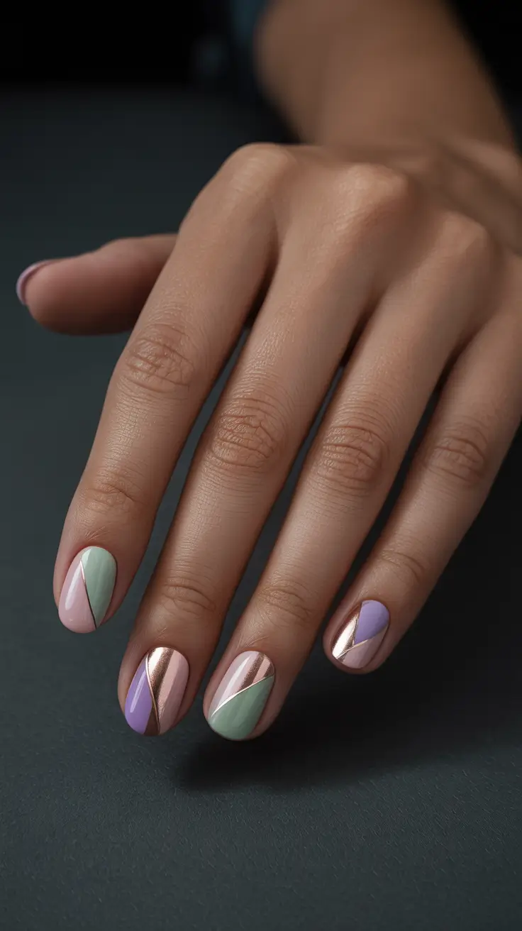 stylish spring short nails 2026 Geometric Pastel Panels with Metallic Accent