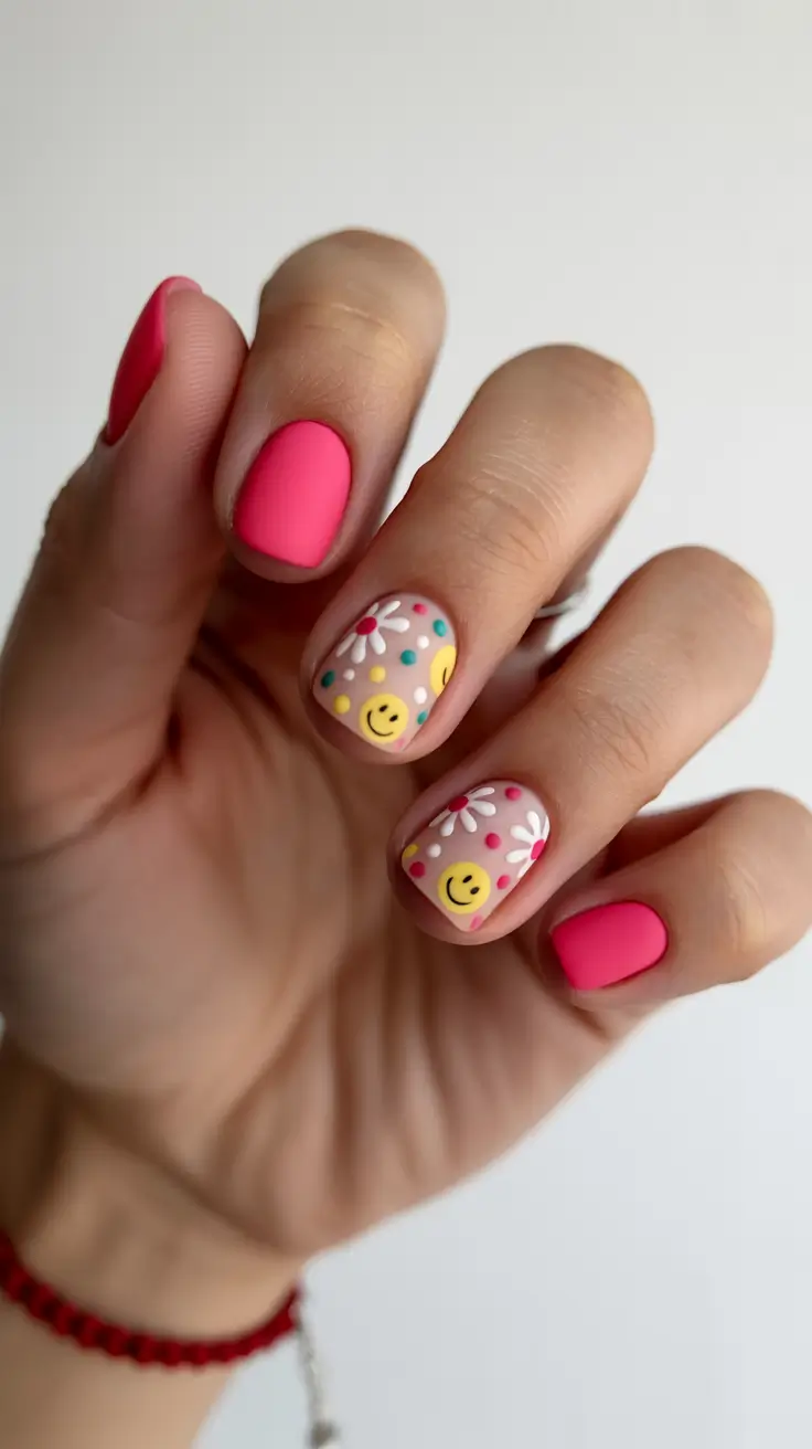 stylish spring short nails 2026 Matte Hot Pink with Playful Daisy and Smile Accents