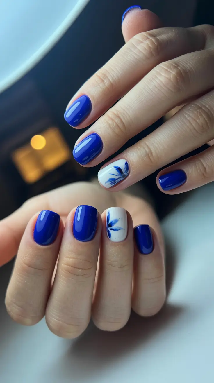 stylish spring short nails 2026 Royal Blue Gloss with Minimal Floral Accent