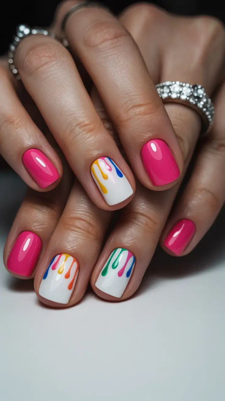 stylish spring short nails 2026 Hot Pink with Playful Paint Drip Accent