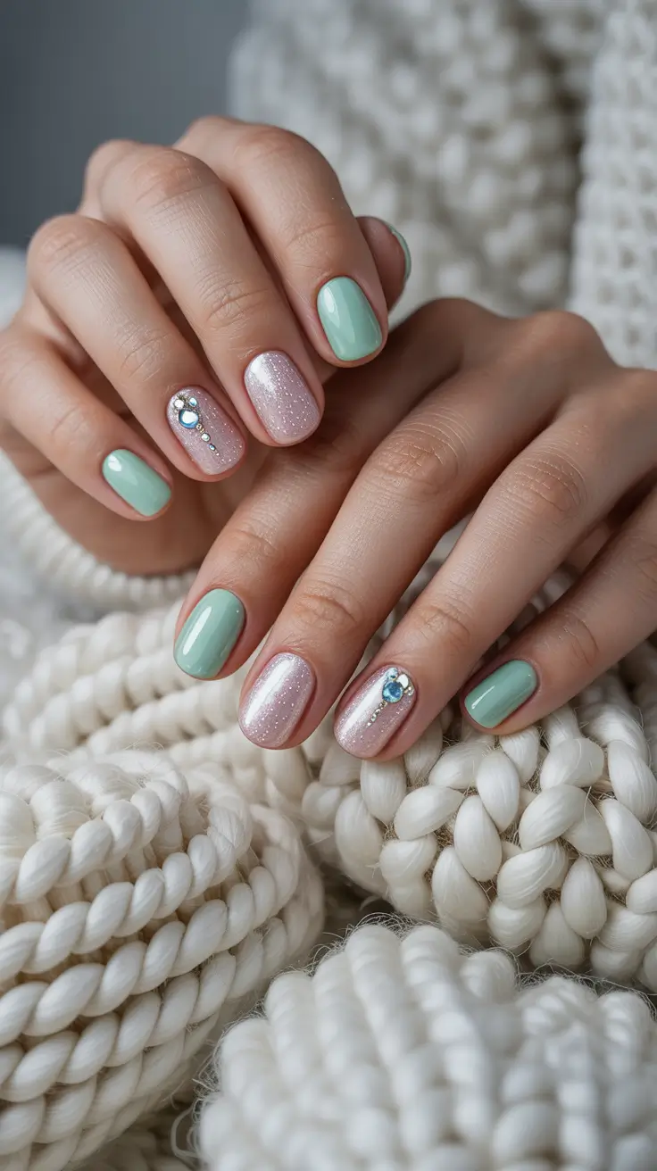 stylish spring short nails 2026 Mint and Soft Pink with Rhinestone Accent
