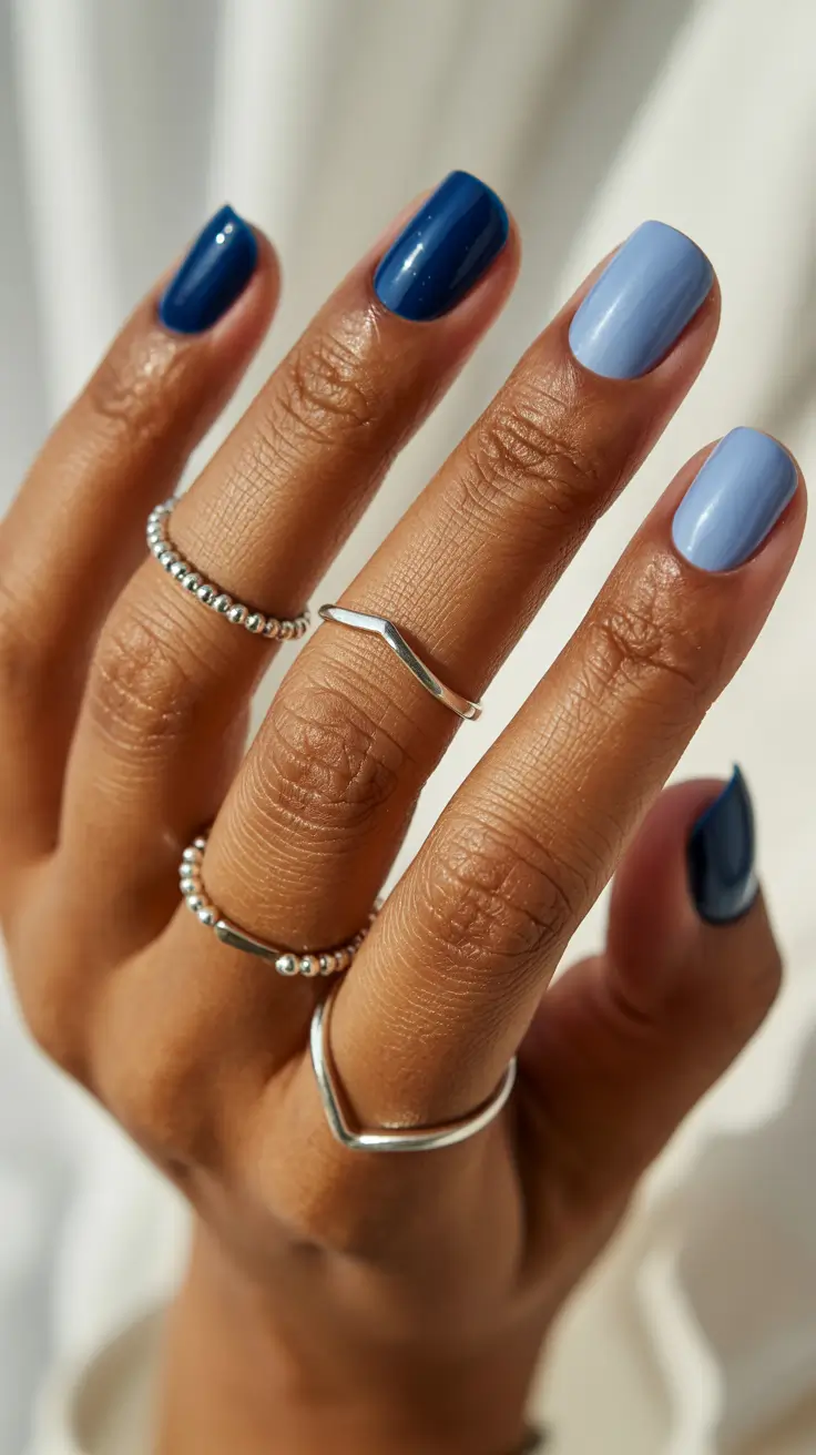 stylish spring short nails 2026 Deep Blue and Sky Blue Contrast