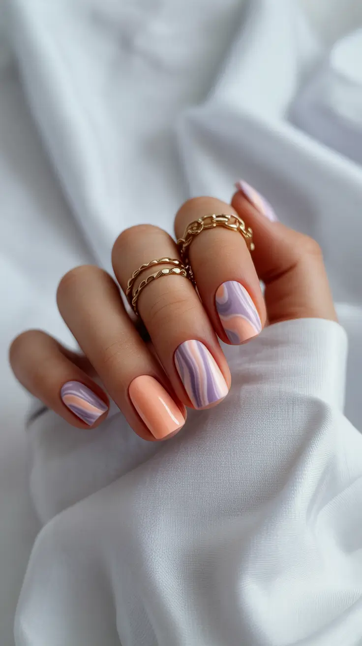 stylish spring short nails 2026 Peach and Lavender Marble Swirl