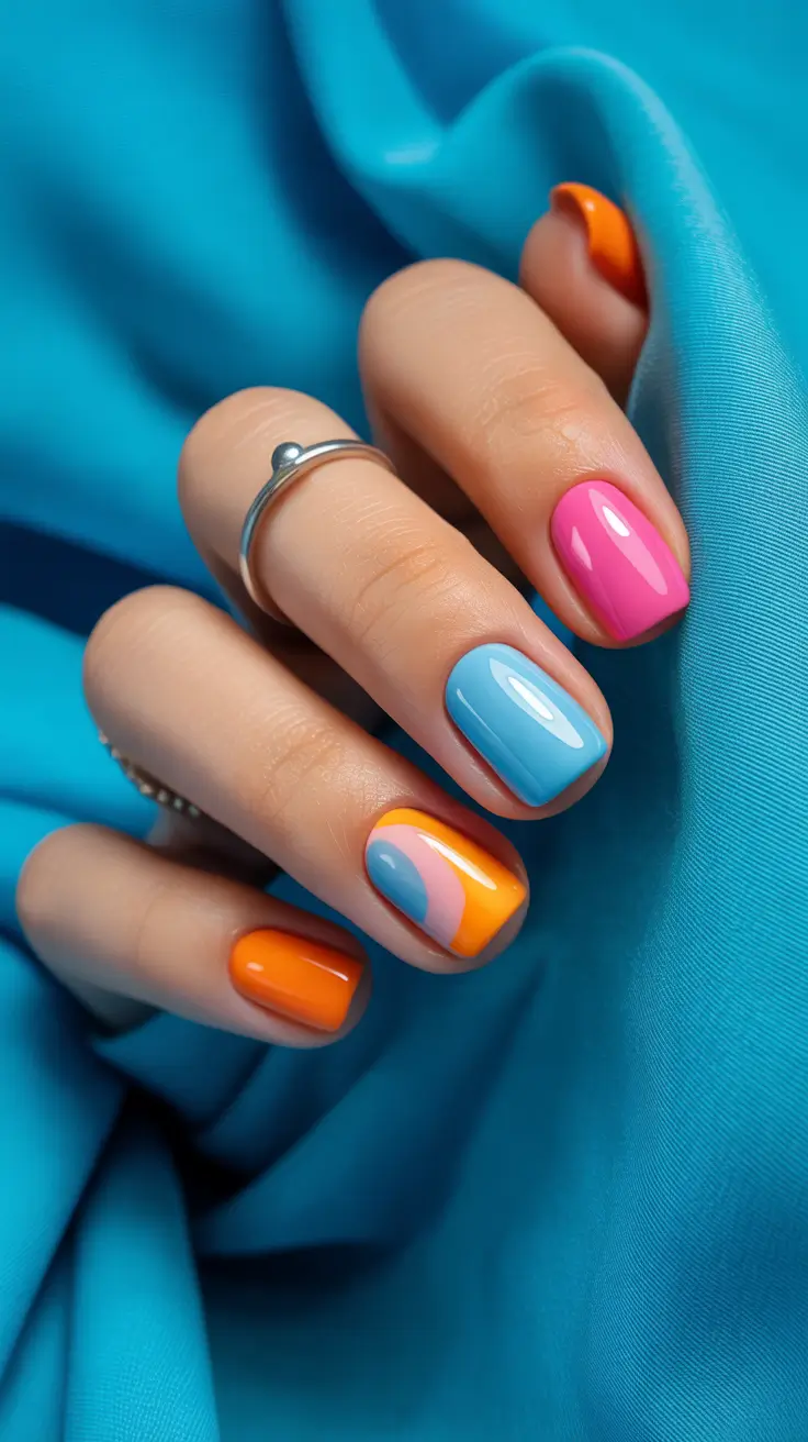 stylish spring short nails 2026 Graphic Color Blocking in Blue Pink and Orange