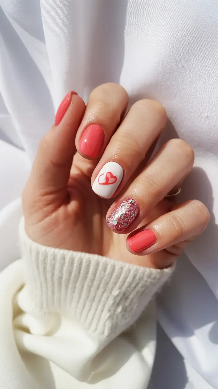 stylish spring short nails 2026 Coral Romance with Heart Accent and Glitter