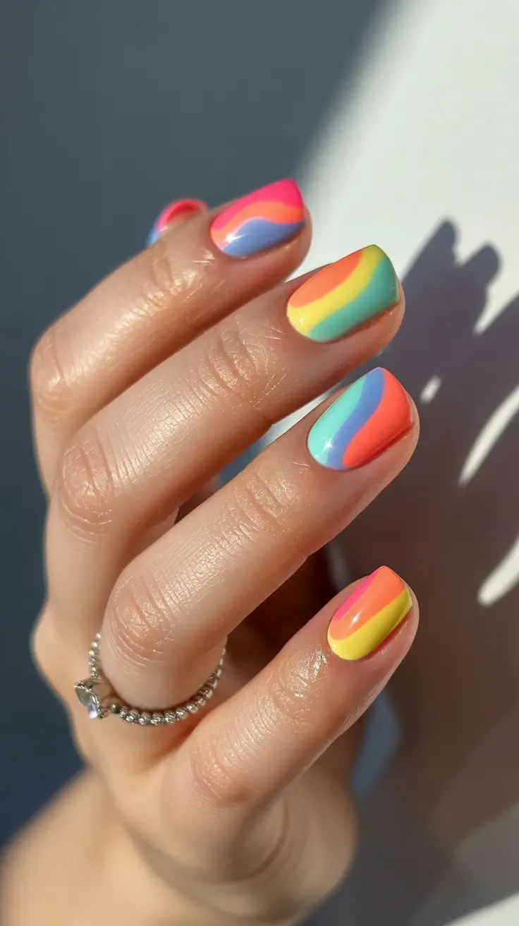 stylish spring short nails 2026 Sunset Waves in Neon Pastels