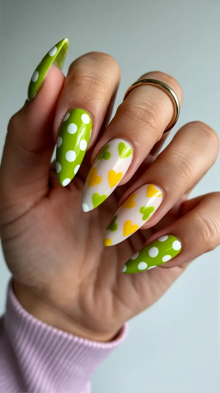 stylish spring stiletto nails 2026 Lime Pop Art With Hearts and Polka Dots