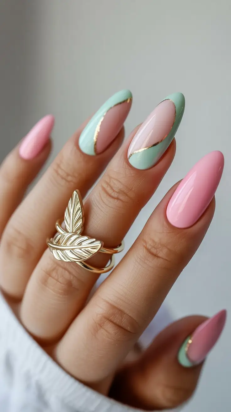 stylish spring stiletto nails 2026 Mint and Blush With Golden Contours