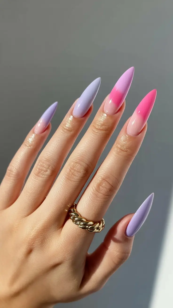 stylish spring stiletto nails 2026 Lavender and Pink Ombre Fade