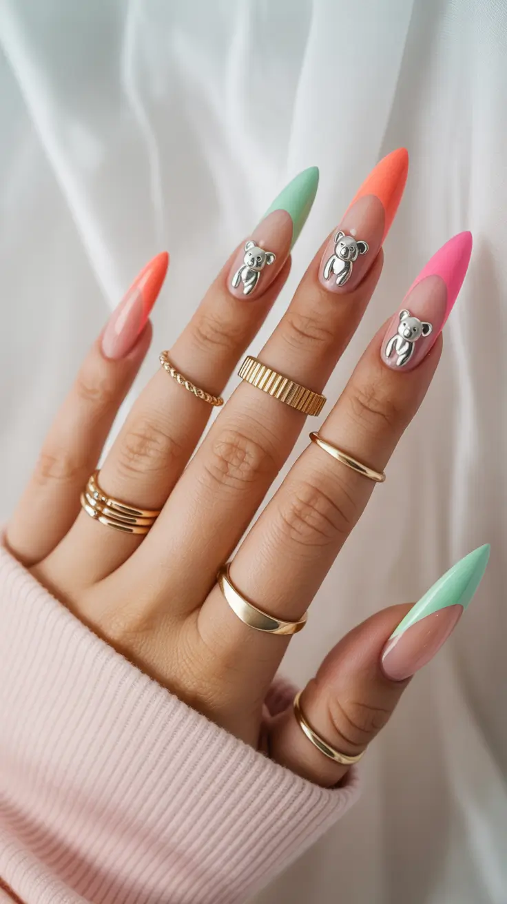 stylish spring stiletto nails 2026 Pastel French With Metallic Teddy Charms