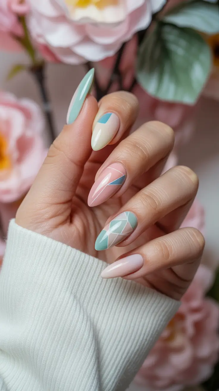 stylish spring stiletto nails 2026 Soft Floral Geometry in Blush and Mint