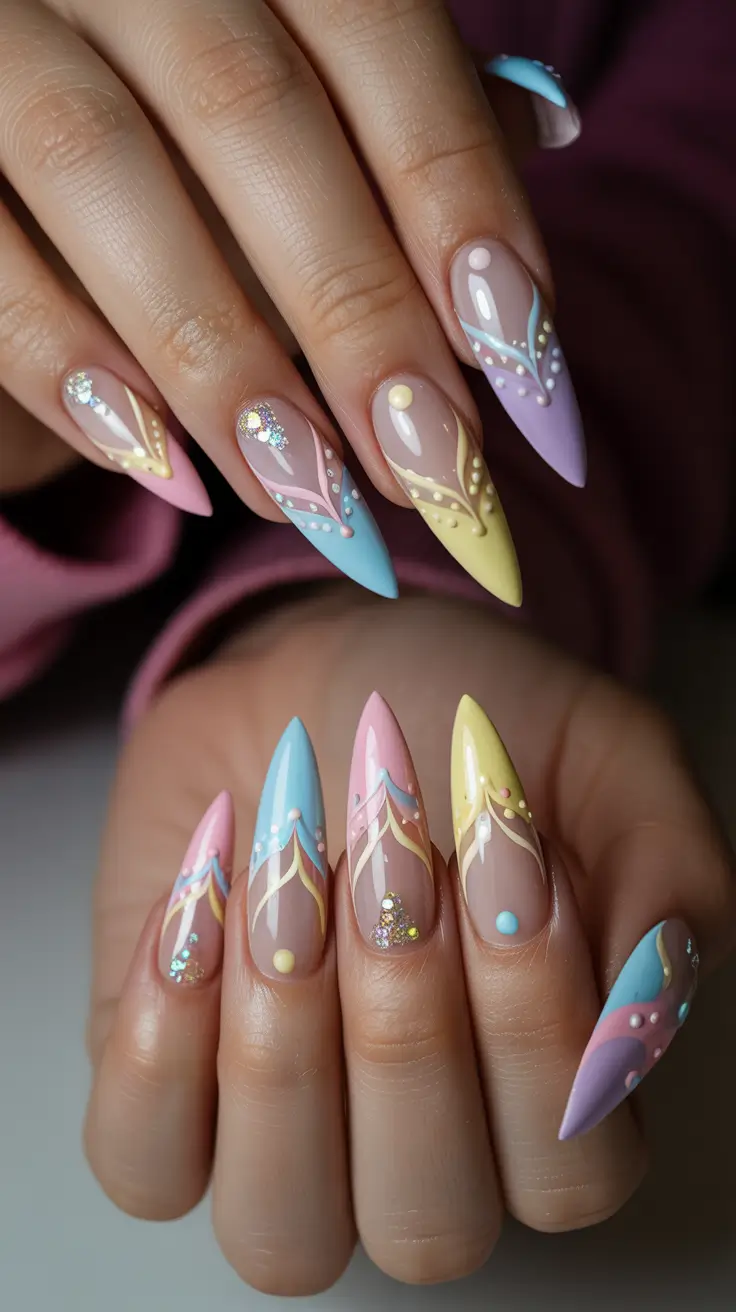 stylish spring stiletto nails 2026 Pastel Chevron With Delicate Embellishments