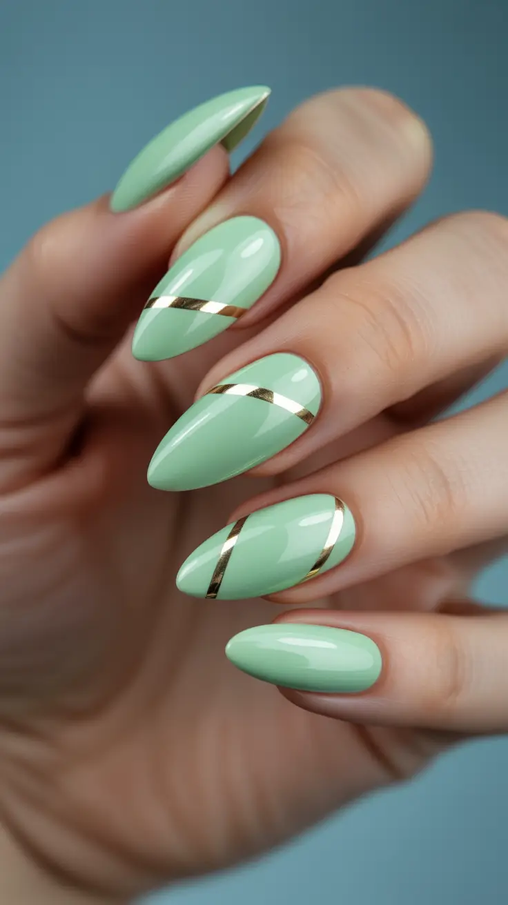 stylish spring stiletto nails 2026 Mint Minimalism With Sleek Gold Bands