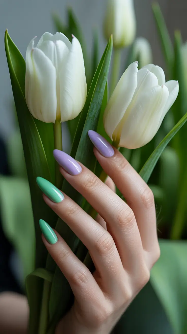 stylish spring stiletto nails 2026 Mint and Lilac Spring Simplicity