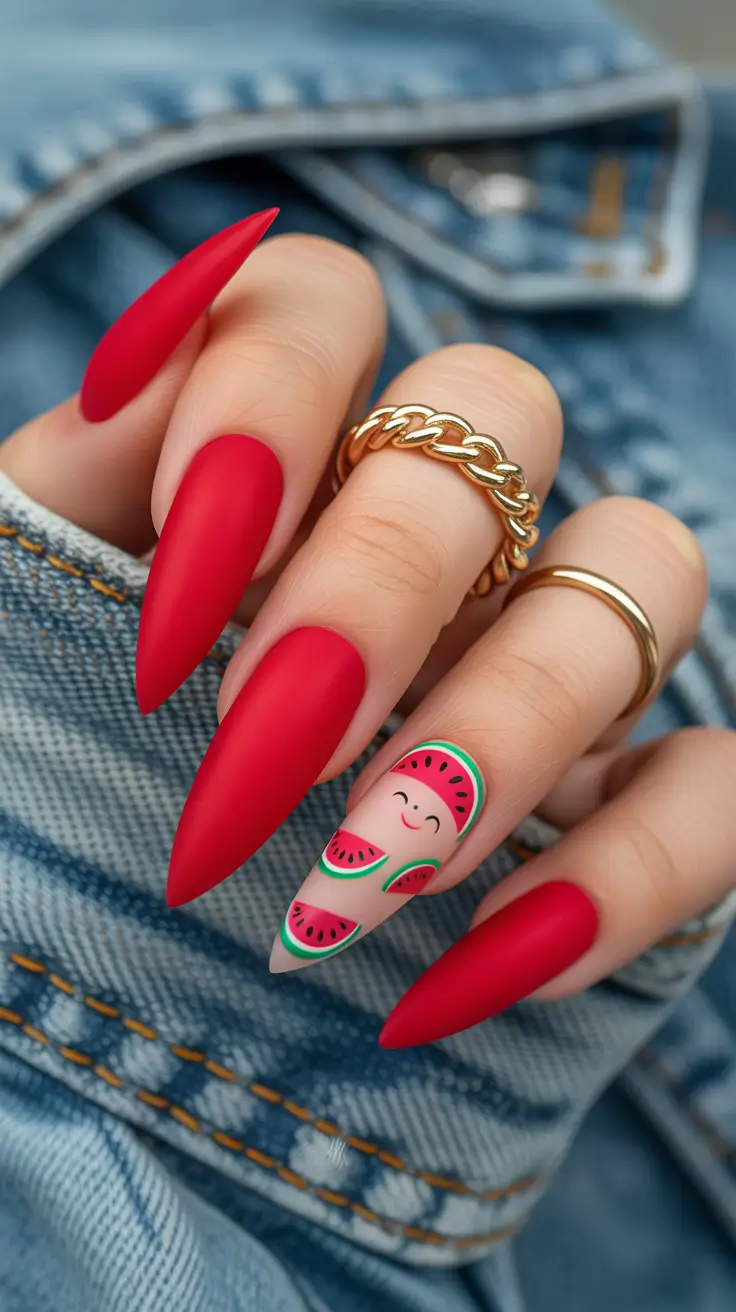 stylish spring stiletto nails 2026 Matte Red With Playful Watermelon Accent