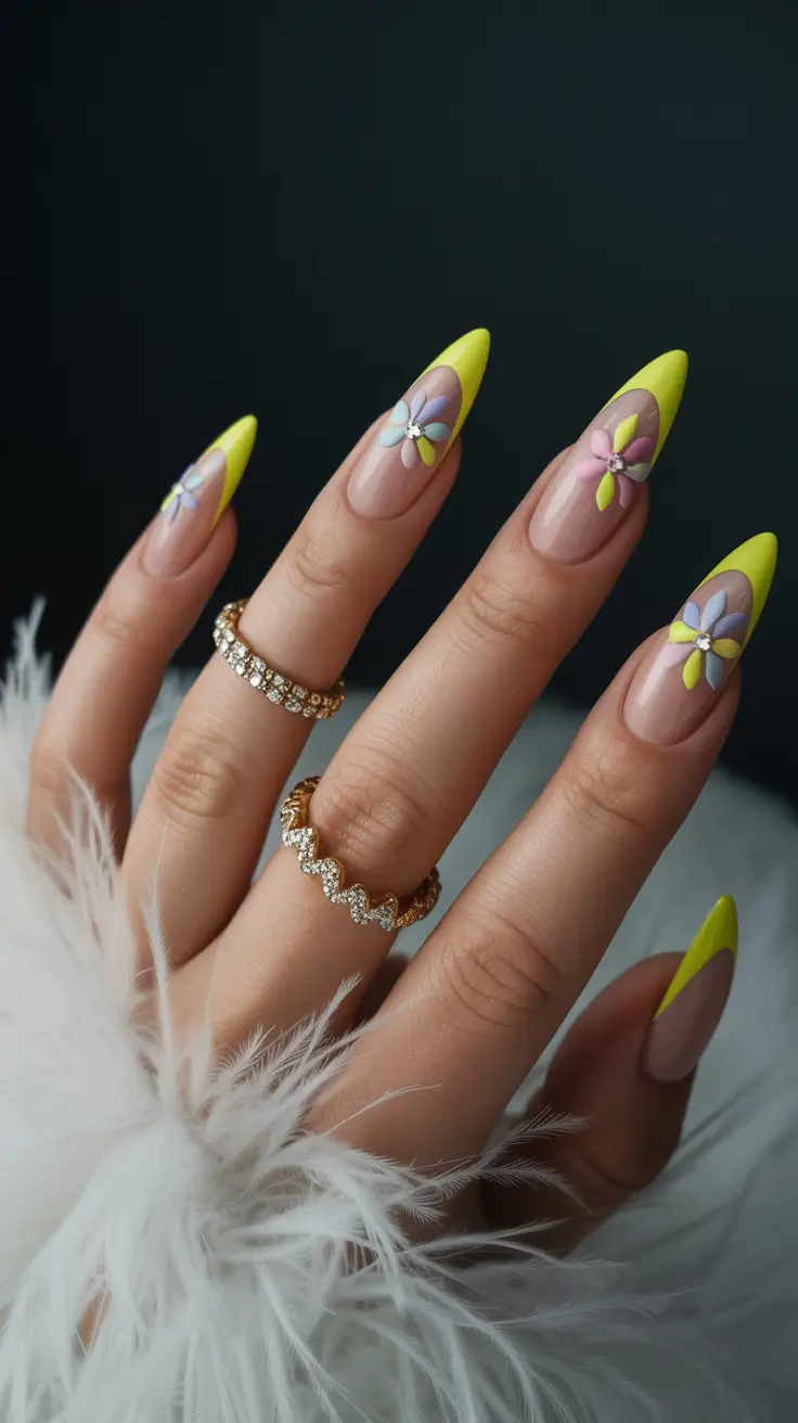 stylish spring stiletto nails 2026 Neon French With 3D Floral Details