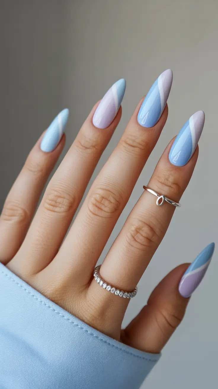 stylish spring stiletto nails 2026 Pastel Diagonal Color Blocking