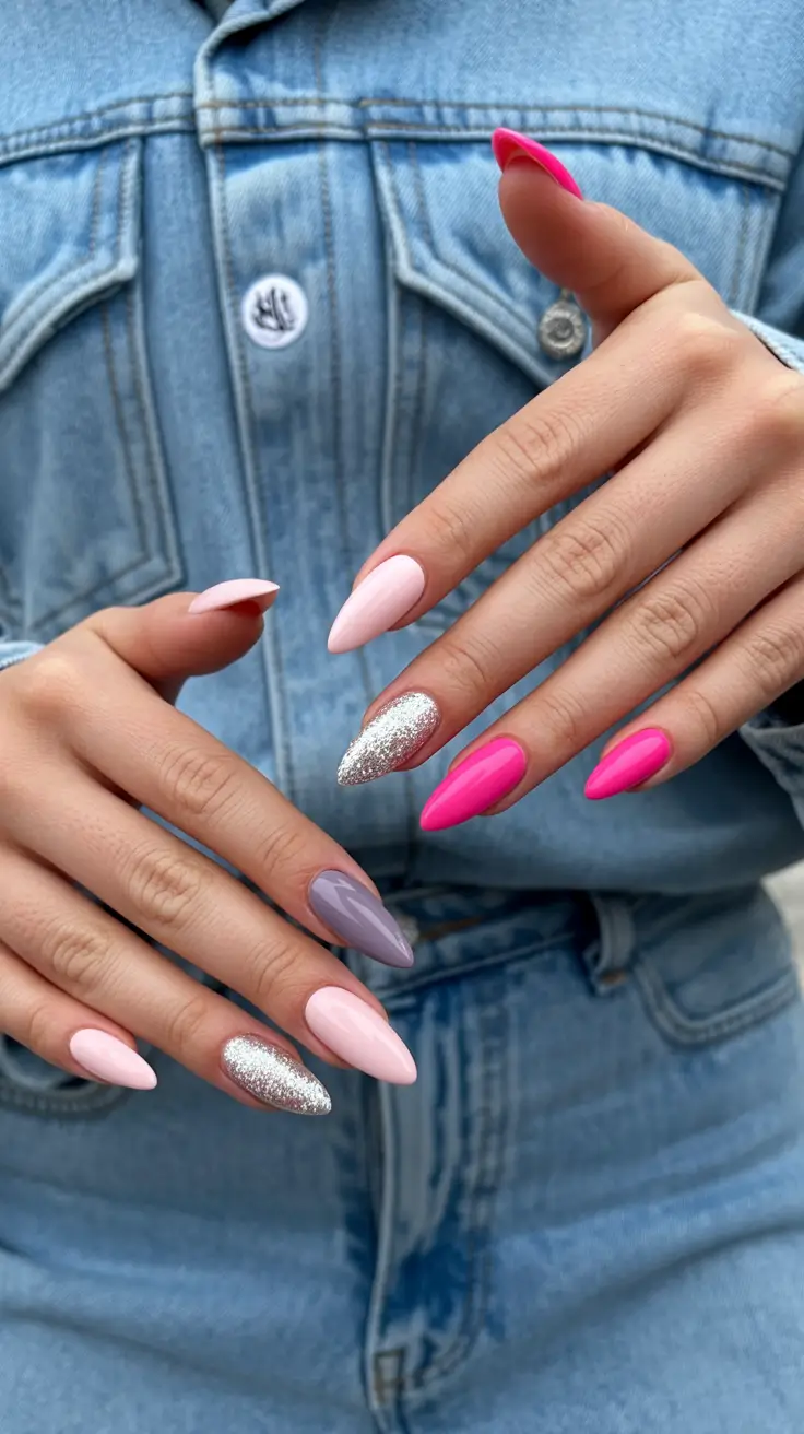 stylish spring stiletto nails 2026 Pink Glitter and Modern Contrast
