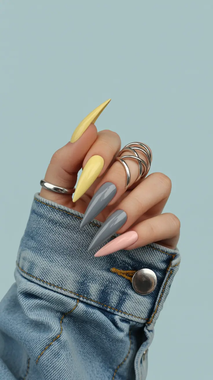stylish spring stiletto nails 2026 Muted Yellow Grey and Blush Minimalism