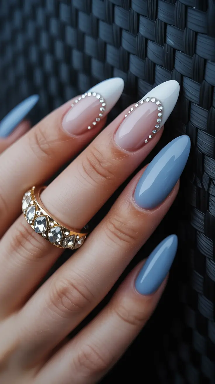 stylish spring stiletto nails 2026 Soft Blue With Crystal Framed Cuticles