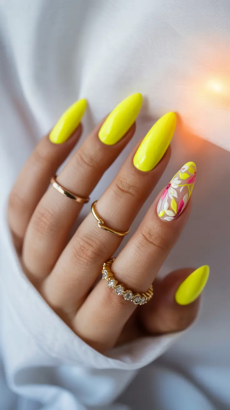 stylish spring stiletto nails 2026 Neon Lemon With Delicate Floral Accent