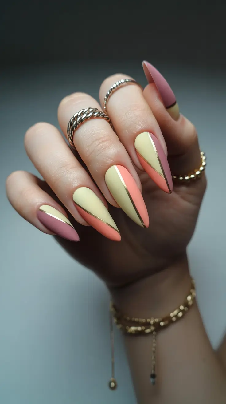 stylish spring stiletto nails 2026 Muted Pastel Geometry With Gold Lines