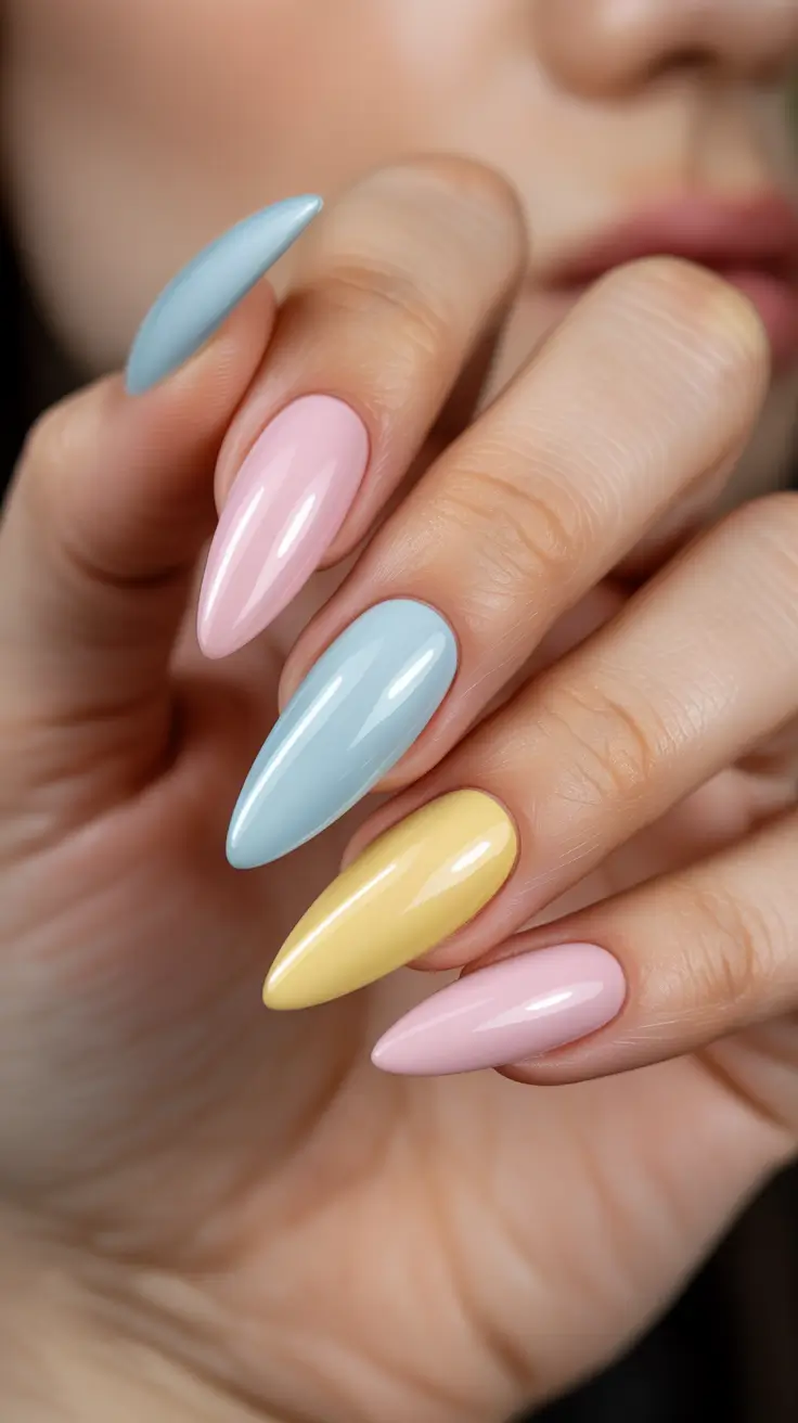 stylish spring stiletto nails 2026 Soft Pastel Trio in Glossy Perfection