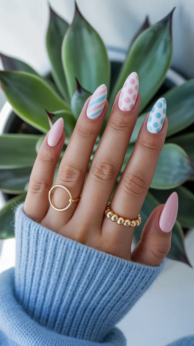 stylish spring stiletto nails 2026 Playful Polka Dots and Candy Stripes