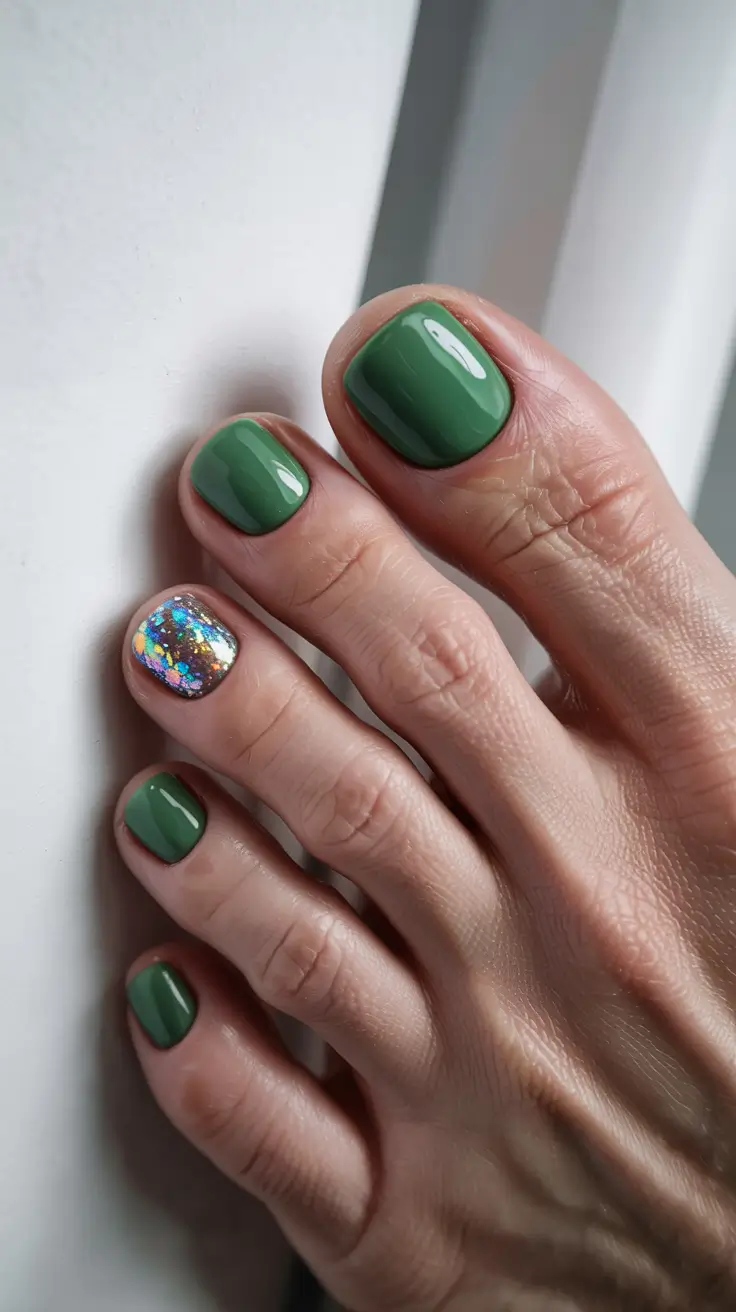 stylish spring toe nails 2026 Botanical Green with a Flash of Holographic Spark
