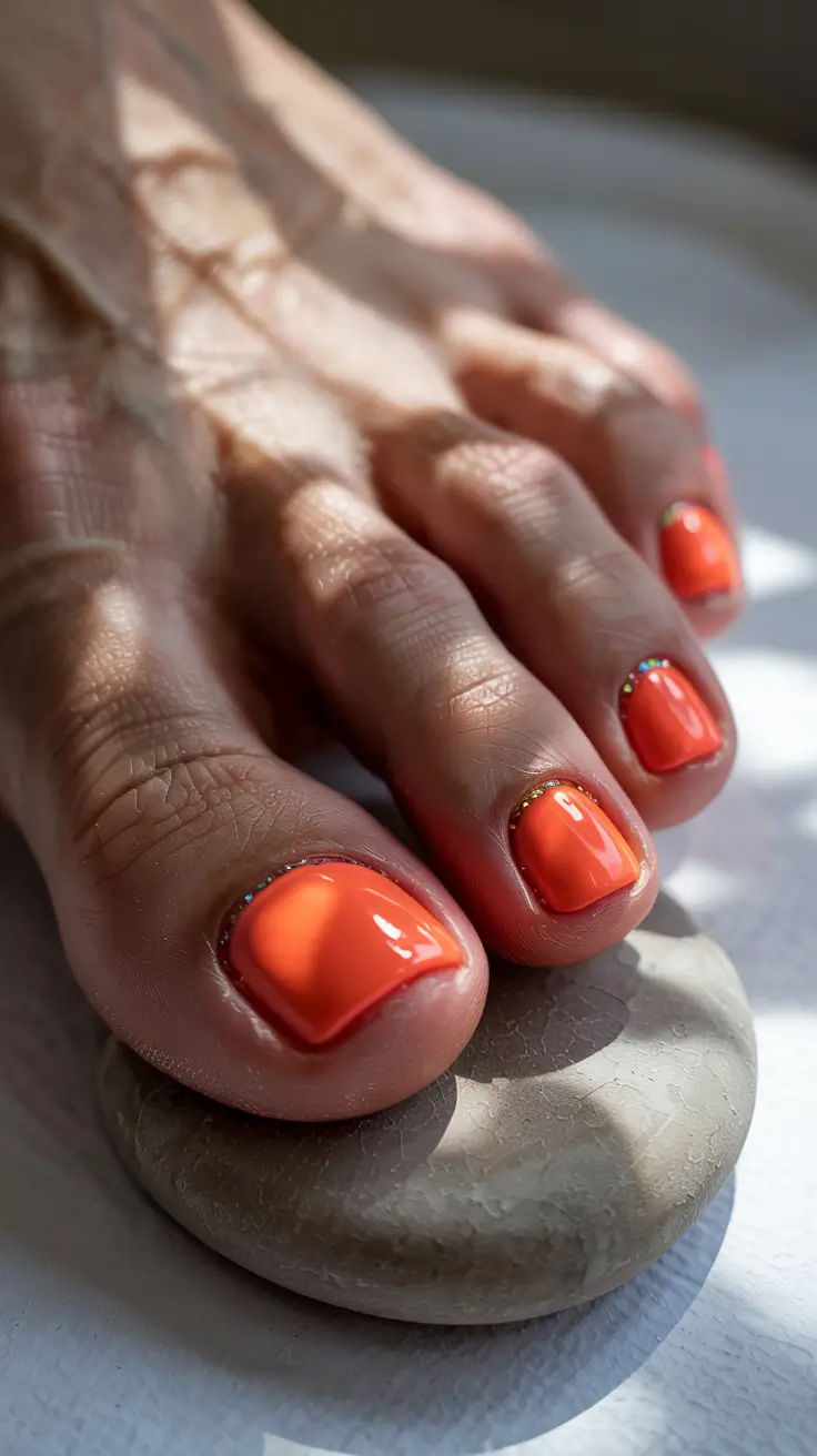 stylish spring toe nails 2026 Coral Pop with Subtle Rhinestone Detailing