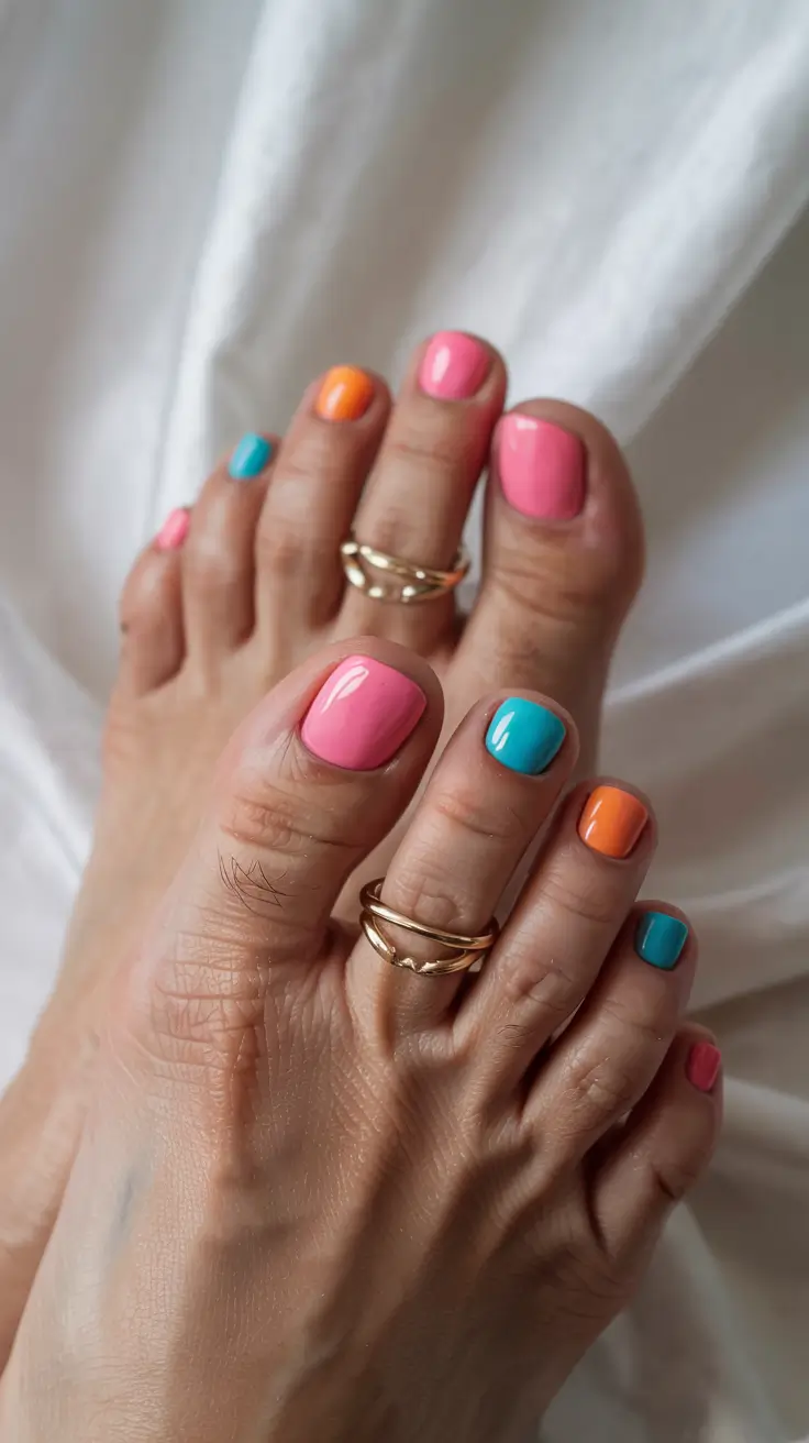 stylish spring toe nails 2026 Playful Color Blocking in Pink, Orange, and Aqua